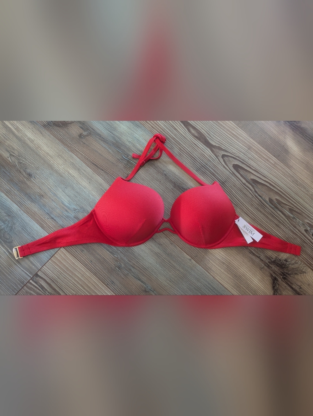 Victoria's Secret VS Swim Bombshell Push Up Halter Solid Red Bikini Top 38C